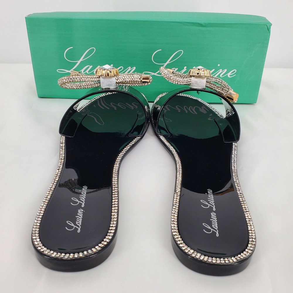 Lauren Lorraine Breeze Black Jelly Slide Sandals Rhinestone Bow Womens 7.5 New - Picture 4 of 8